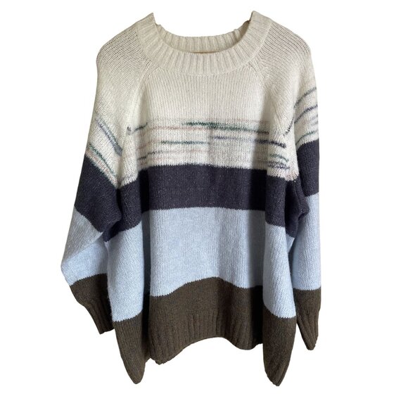 Old Navy Size 4X Striped Crewneck Pullover Wool Blend Sweater Cream Blue - Picture 1 of 9